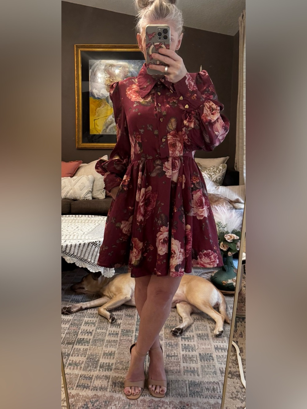 Zimmermann 100% Silk Burgundy Floral Button-Front Long-Sleeve Dress